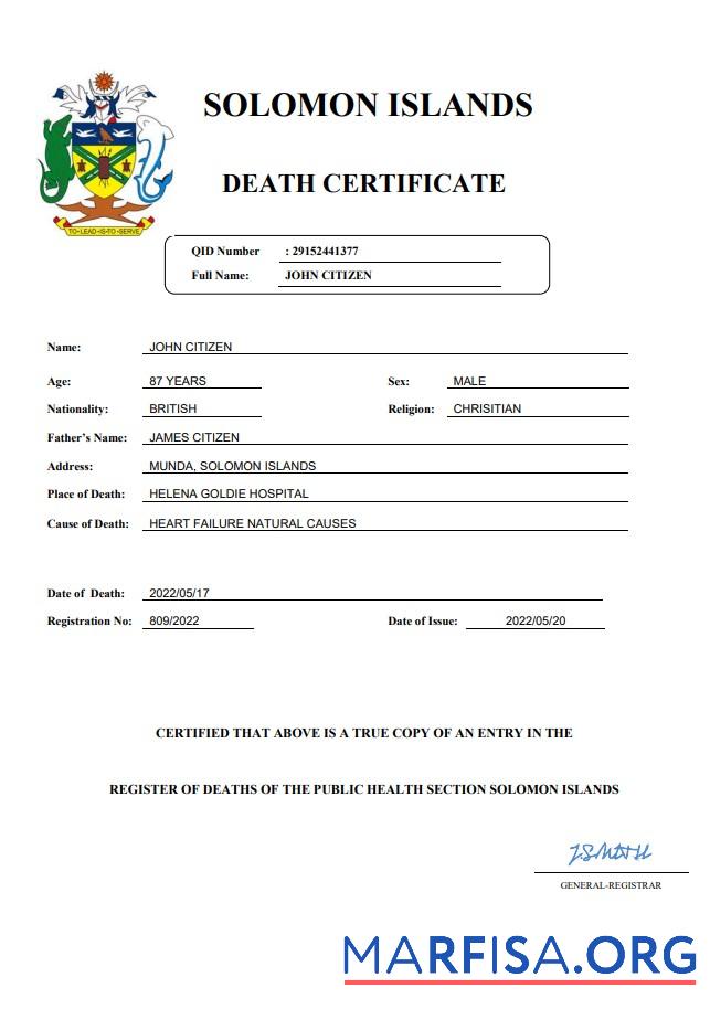 Printable Solomon Islands vital record death certificate Word and PDF template
